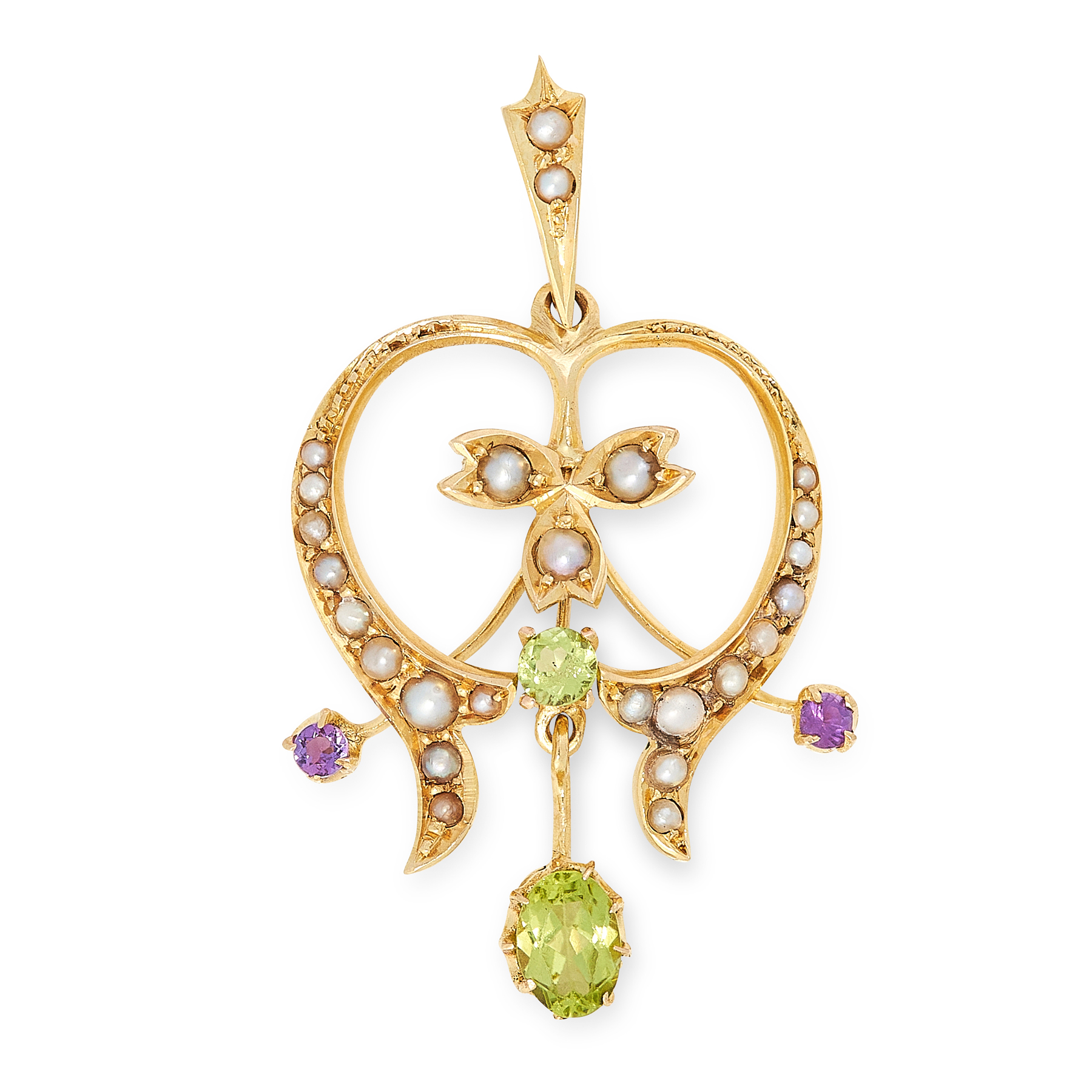 AN ANTIQUE PERIDOT, PEARL AND AMETHYST SUFFRAGETTE PENDANT in 15ct yellow gold, set with a round cut