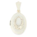 AN ANTIQUE IVORY MOURNING LOCKET, 19TH CENTURY the oval body carved from ivory with a foliate wreath