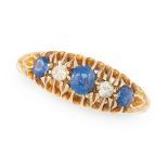 AN ANTIQUE SAPPHIRE AND DIAMOND RING 1911 in 18ct yellow gold, set with a trio of cushion cut blue
