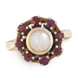 A MOONSTONE AND GARNET CLUSTER RING in 14ct yellow gold, set with a circular cabochon moonstone