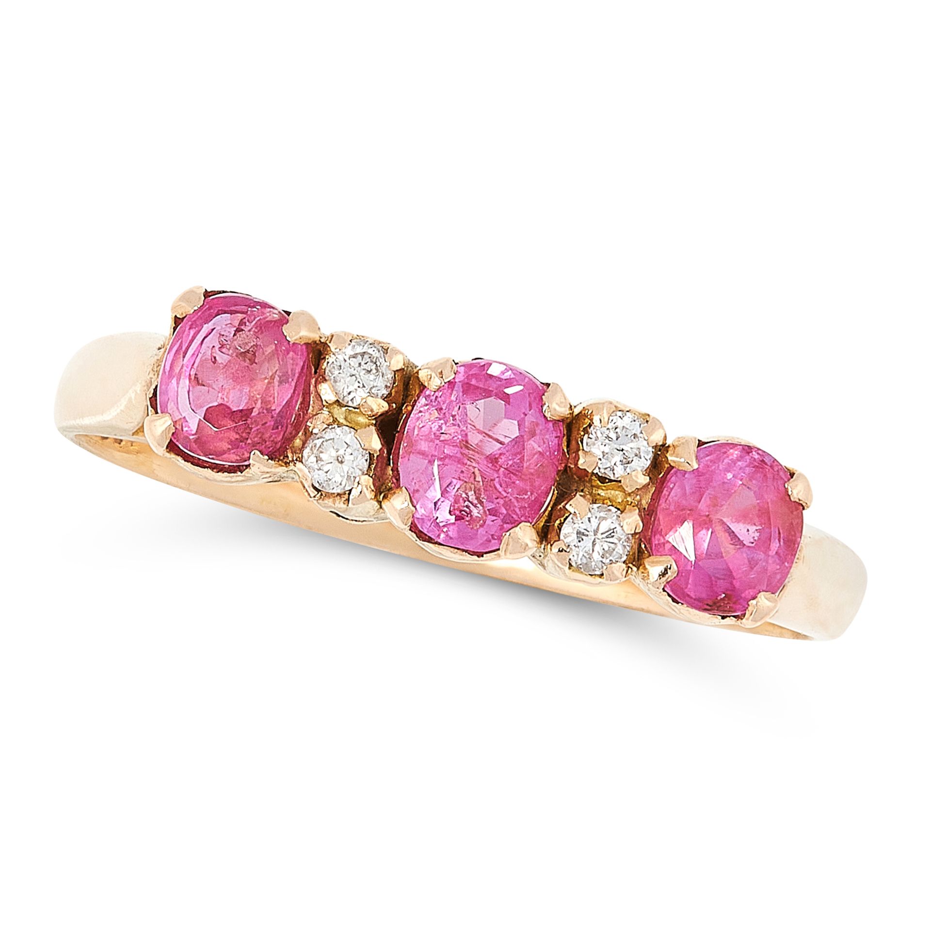 A PINK SAPPHIRE AND DIAMOND RING in 18ct yellow gold, set with a trio of graduated oval cut pink