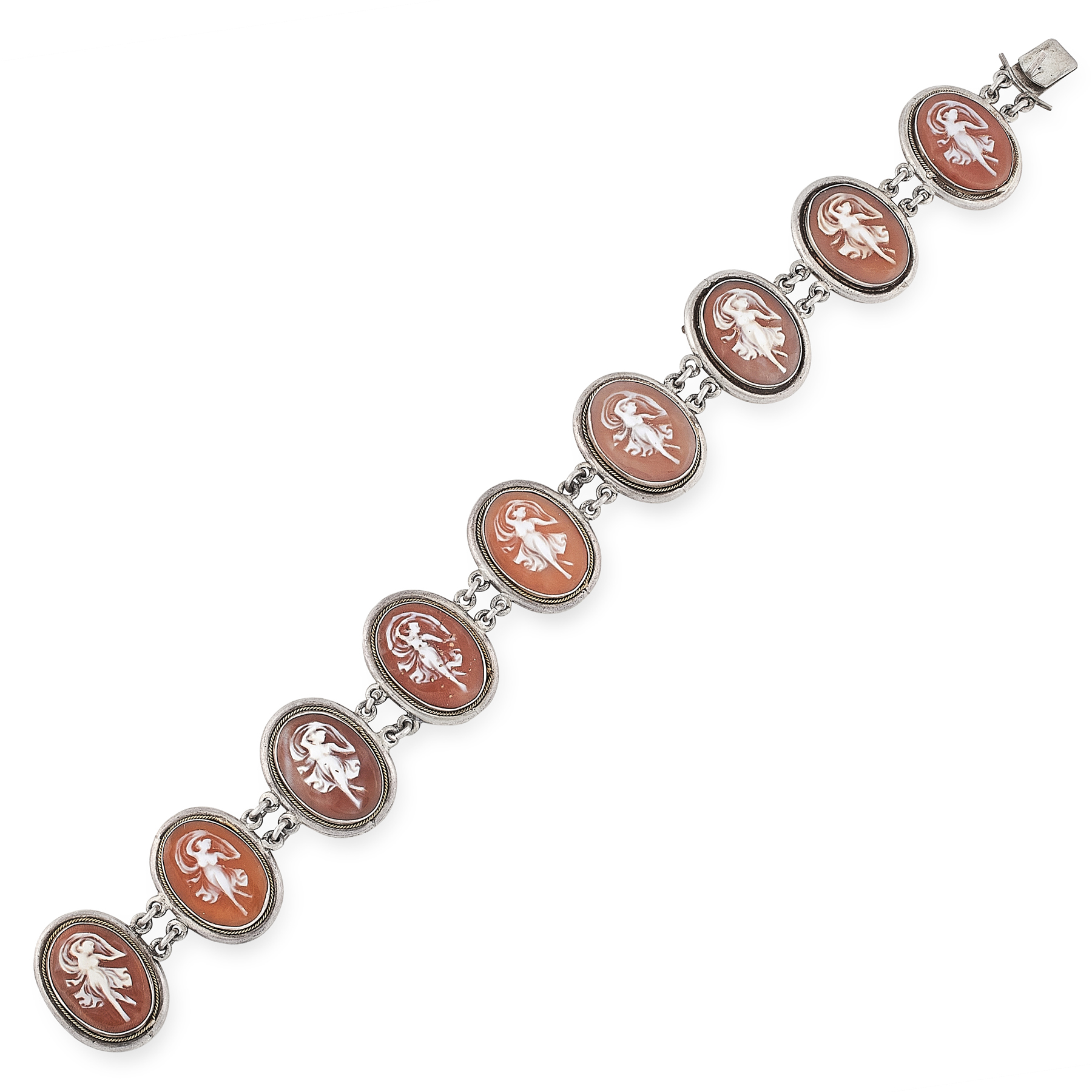 AN ANTIQUE CAMEO BRACELET in silver, comprising nine oval links set with cameos, carved to depict