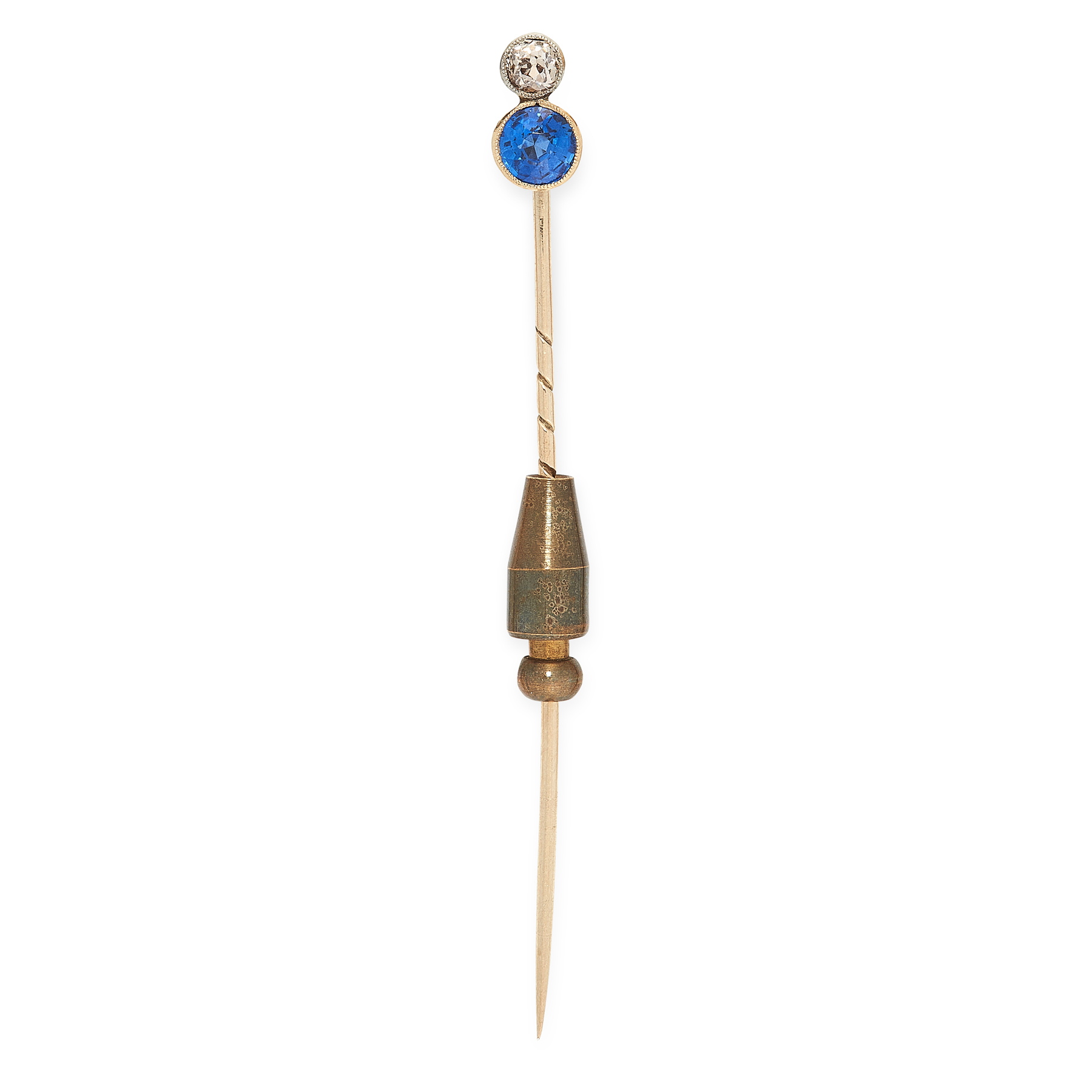 AN ANTIQUE SAPPHIRE AND DIAMOND TIE PIN in yellow gold, the stick pin designed with a round cut