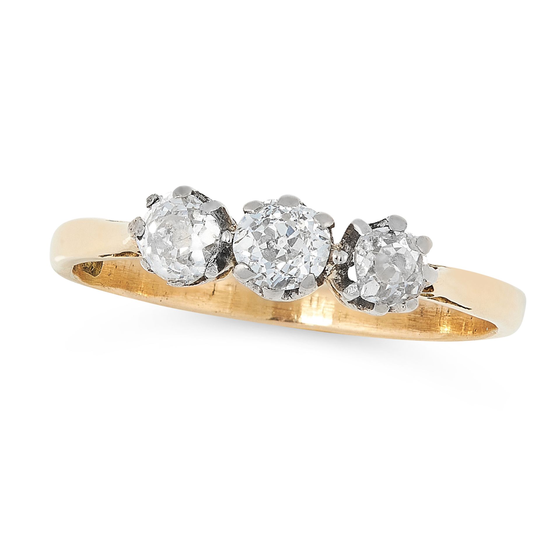 A DIAMOND THREE STONE DRESS RING in 18ct yellow gold and platinum, set with a trio of graduated