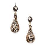 A PAIR OF ANTIQUE PIQUE TORTOISESHELL DROP EARRINGS, 19TH CENTURY in gold, each of tapering form,