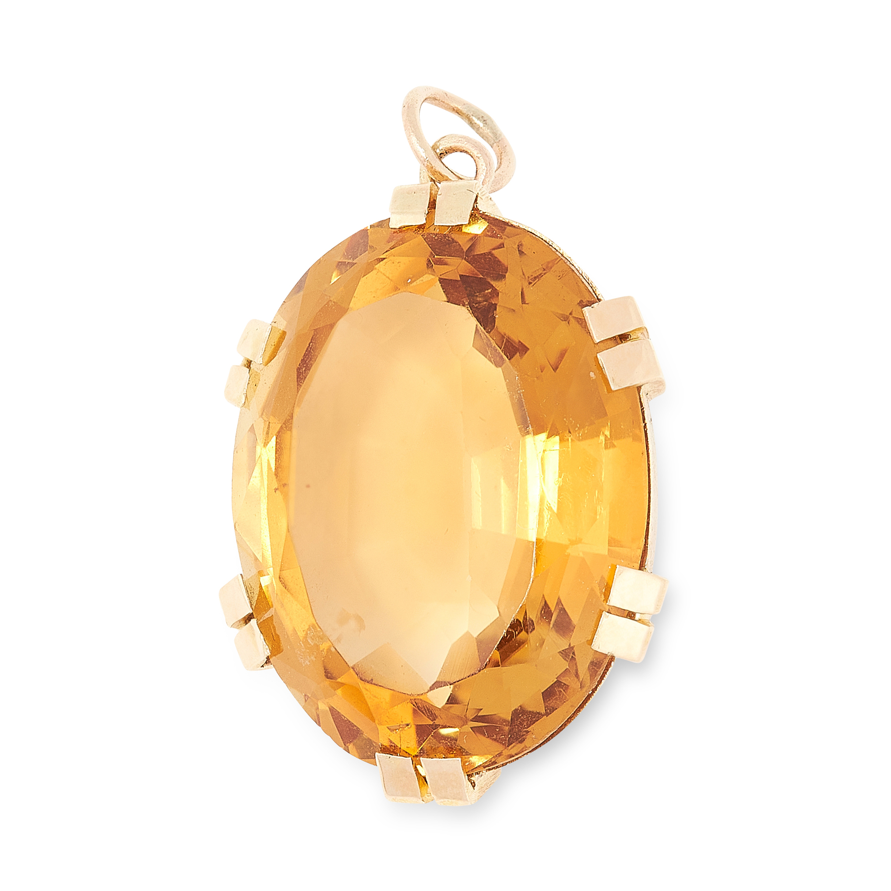 A CITRINE PENDANT in yellow gold, set with an oval cut citrine, unmarked, 3.4cm, 7.8g. All profits