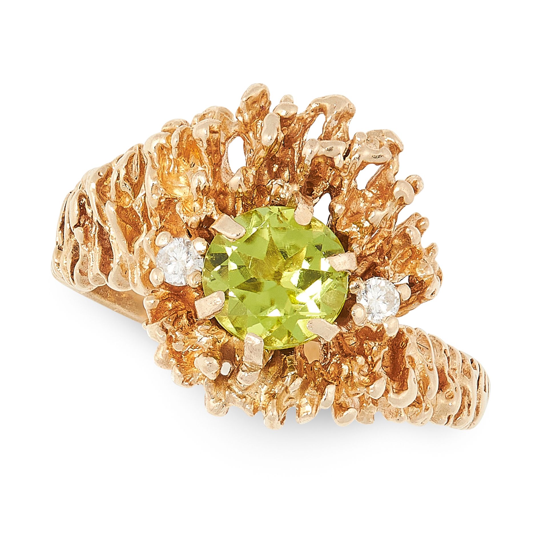 A VINTAGE PERIDOT AND DIAMOND RING CIRCA 1970 in 18ct yellow gold, in the manner of Charles de