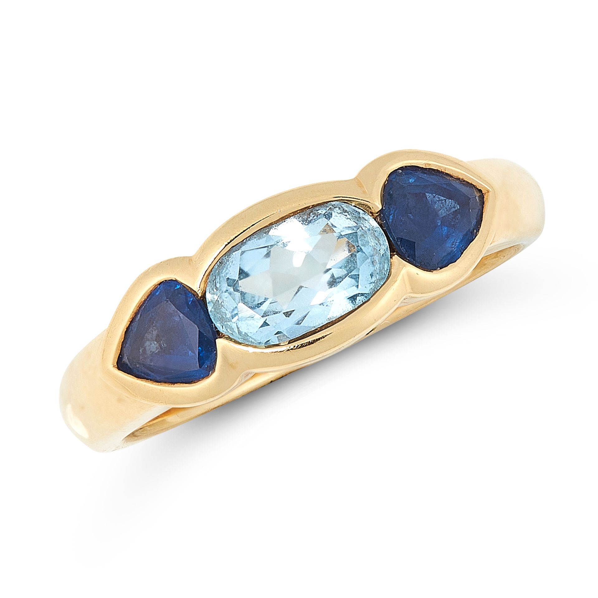 AN AQUAMARINE AND SAPPHIRE DRESS RING in 18ct yellow gold, set with an oval cut aquamarine between