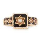 AN ANTIQUE PEARL AND ENAMEL RING, LATE 19TH CENTURY in 15ct yellow old, the square face set with a