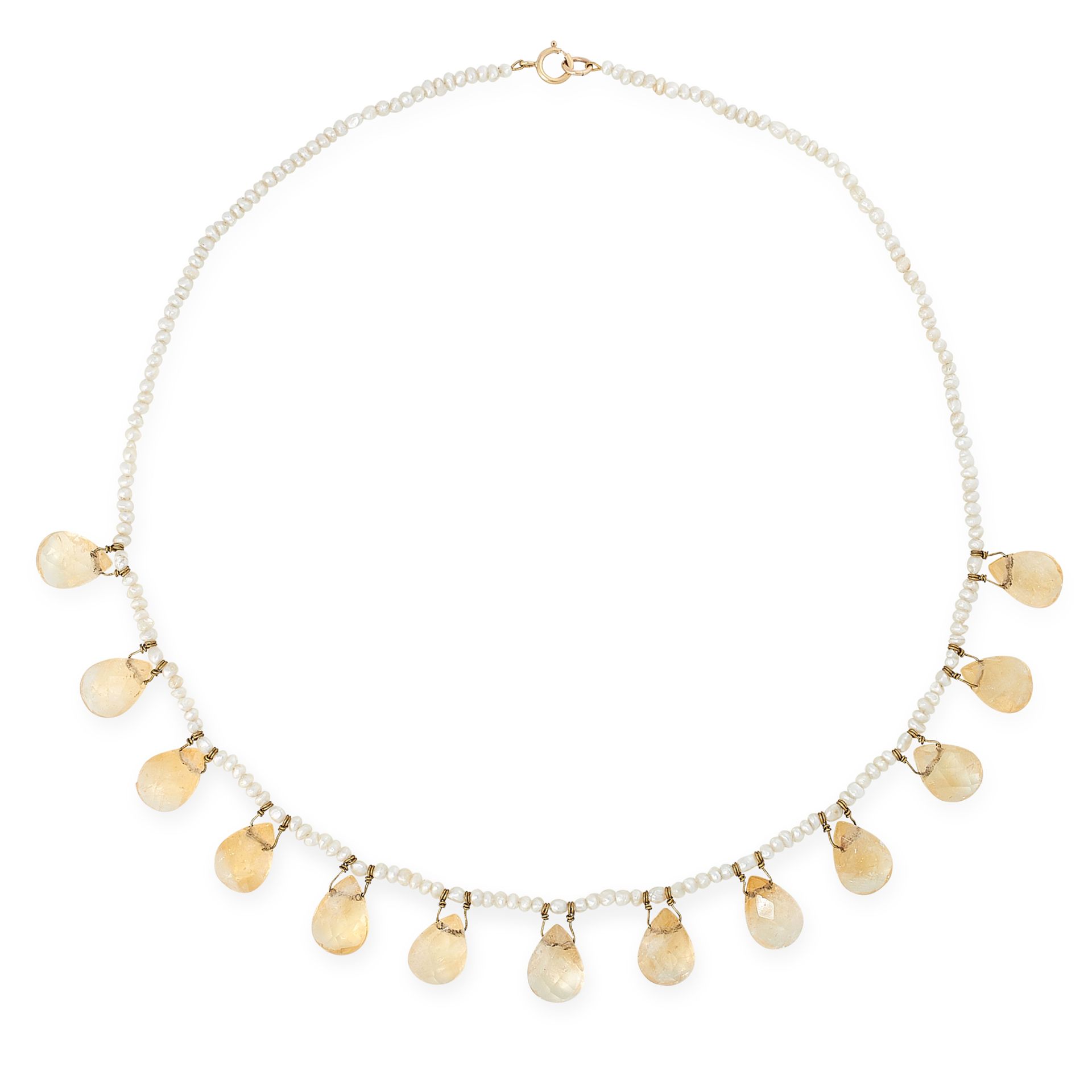 AN ANTIQUE CITRINE AND PEARL NECKLACE, 19TH CENTURY comprising a single row of seed pearls