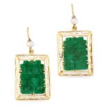 A PAIR OF CHINESE JADEITE JADE AND PEARL EARRINGS in 18ct yellow gold, each set with a piece of
