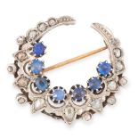 AN ANTIQUE SAPPHIRE AND DIAMOND CRESCENT BROOCH, 19TH CENTURY in yellow gold and silver, designed as