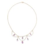 AN ANTIQUE AMETHYST AND PEARL NECKLACE in 15ct yellow gold, set with a fringe of pear cut