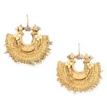 A PAIR OF ANTIQUE HOOP EARRINGS in 18ct yellow gold, each designed as a half hoop suspending