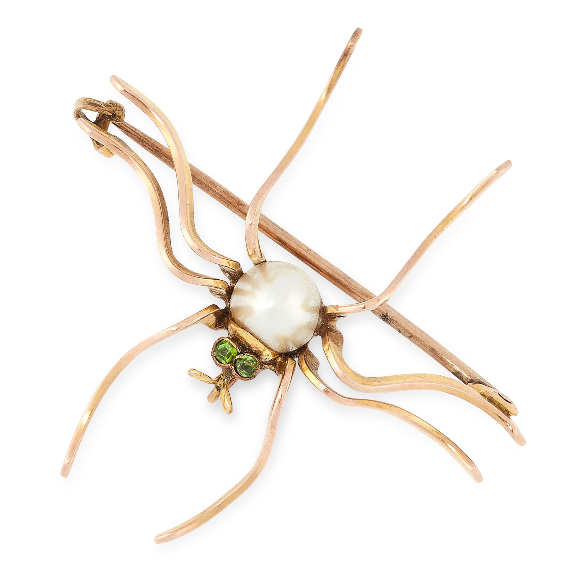 AN ANTIQUE PEARL AND DEMANTOID GARNET SPIDER BROOCH in yellow gold, designed as a spider, set at the