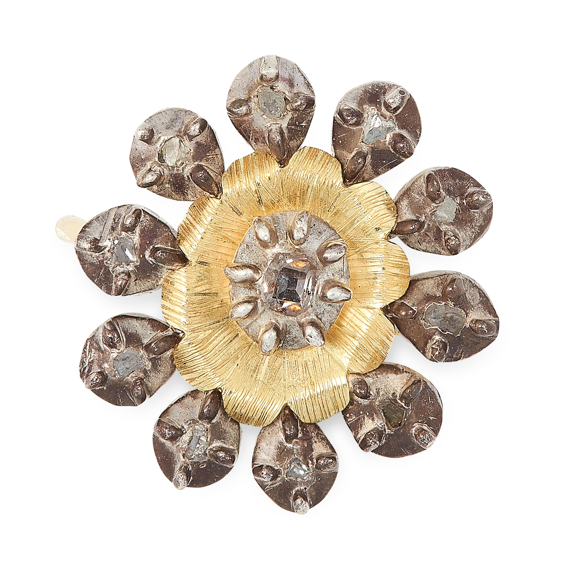 A DIAMOND CLUSTER DRESS RING in 18ct yellow gold and silver, the face set with eleven old and rose