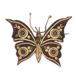 AN ANTIQUE TORTOISESHELL PIQUE BUTTERFLY BROOCH designed as a butterfly, the tortoiseshell inlaid