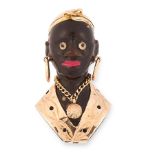 AN ANTIQUE BLACKAMOOR BROOCH in yellow gold, in the form of a bust, carved from wood and jewelled