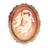 AN ANTIQUE CAMEO BROOCH in yellow gold, the oval body carved to depict a scene of Sylphid together