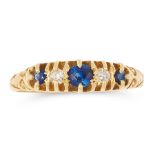 AN ANTIQUE VICTORIAN SAPPHIRE AND DIAMOND DRESS RING in 18ct yellow gold, set with a trio of cushion