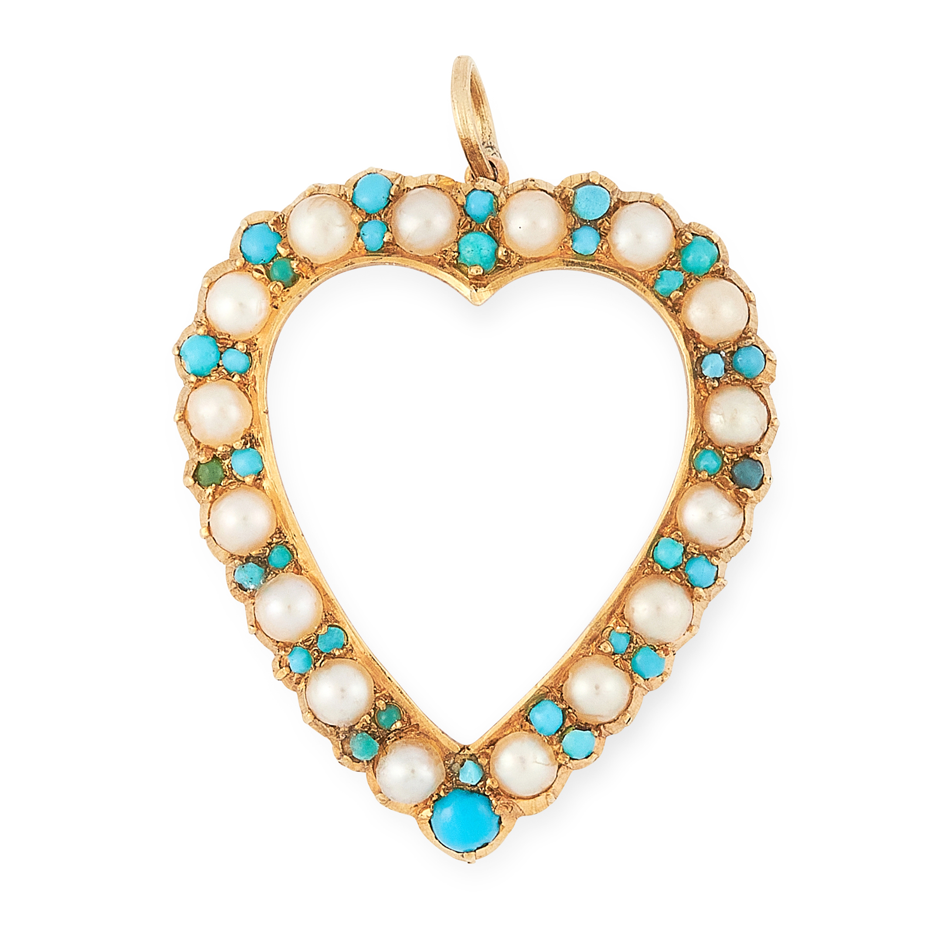 AN ANTIQUE TURQUOISE AND PEARL HEART PENDANT in 15ct yellow gold, designed as an open heart set with