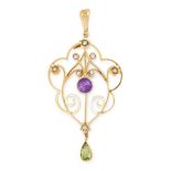 AN ANTIQUE AMETHYST, PERIDO AND PEARL SUFFRAGETTE PENDANT, EARLY 20TH CENTURY in 9ct yellow gold,