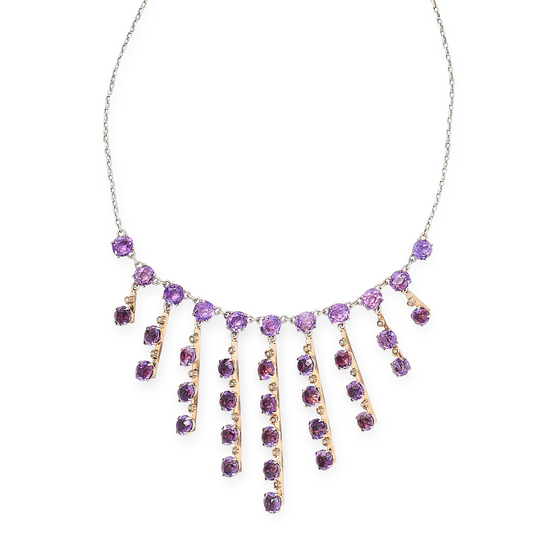 AN AMETHYST FRINGE NECKLACE in silver, designed as a fringe formed of nine graduated drops each