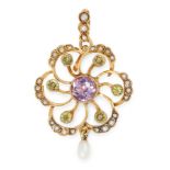 AN ANTIQUE AMETHYST, PERIDOT AND PEARL SUFFRAGETTE PENDANT in 9ct yellow gold, set with a round