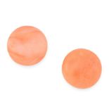 A PAIR OF CORAL BEAD STUD EARRINGS in 18ct yellow gold, each set with a circular, polished coral