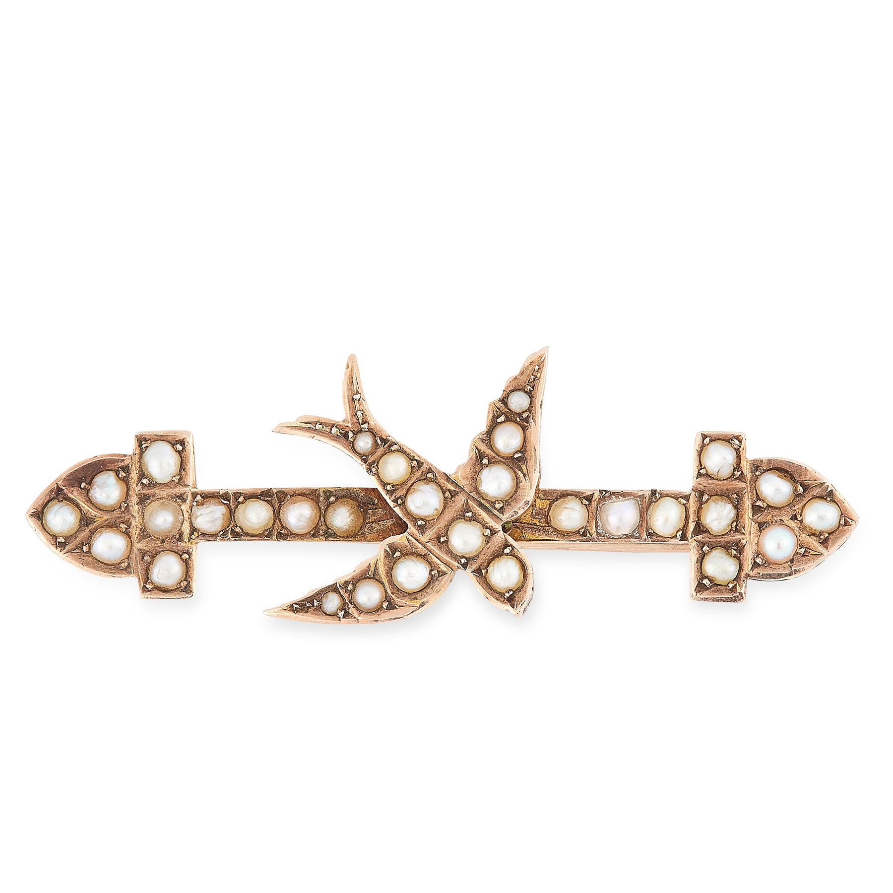 AN ANTIQUE PEARL SWALLOW BROOCH in 15ct yellow gold, designed as a swallow set with pearls, to a
