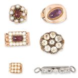 SIX ANTIQUE CLASPS in yellow gold, platinum and silver, of various designs, set with amethysts,