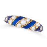 AN ANTIQUE VICTORIAN PEARL AND ENAMEL DRESS RING in high carat yellow gold, the graduated band set