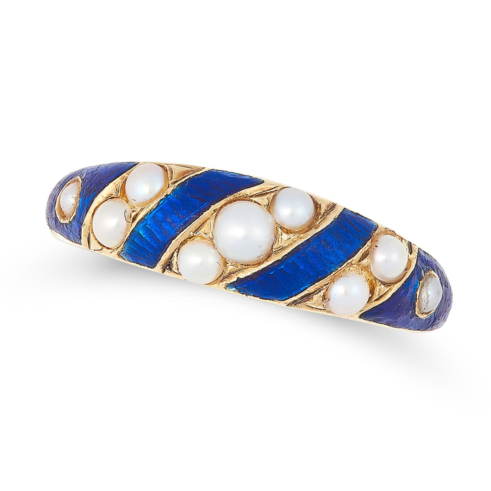 AN ANTIQUE VICTORIAN PEARL AND ENAMEL DRESS RING in high carat yellow gold, the graduated band set