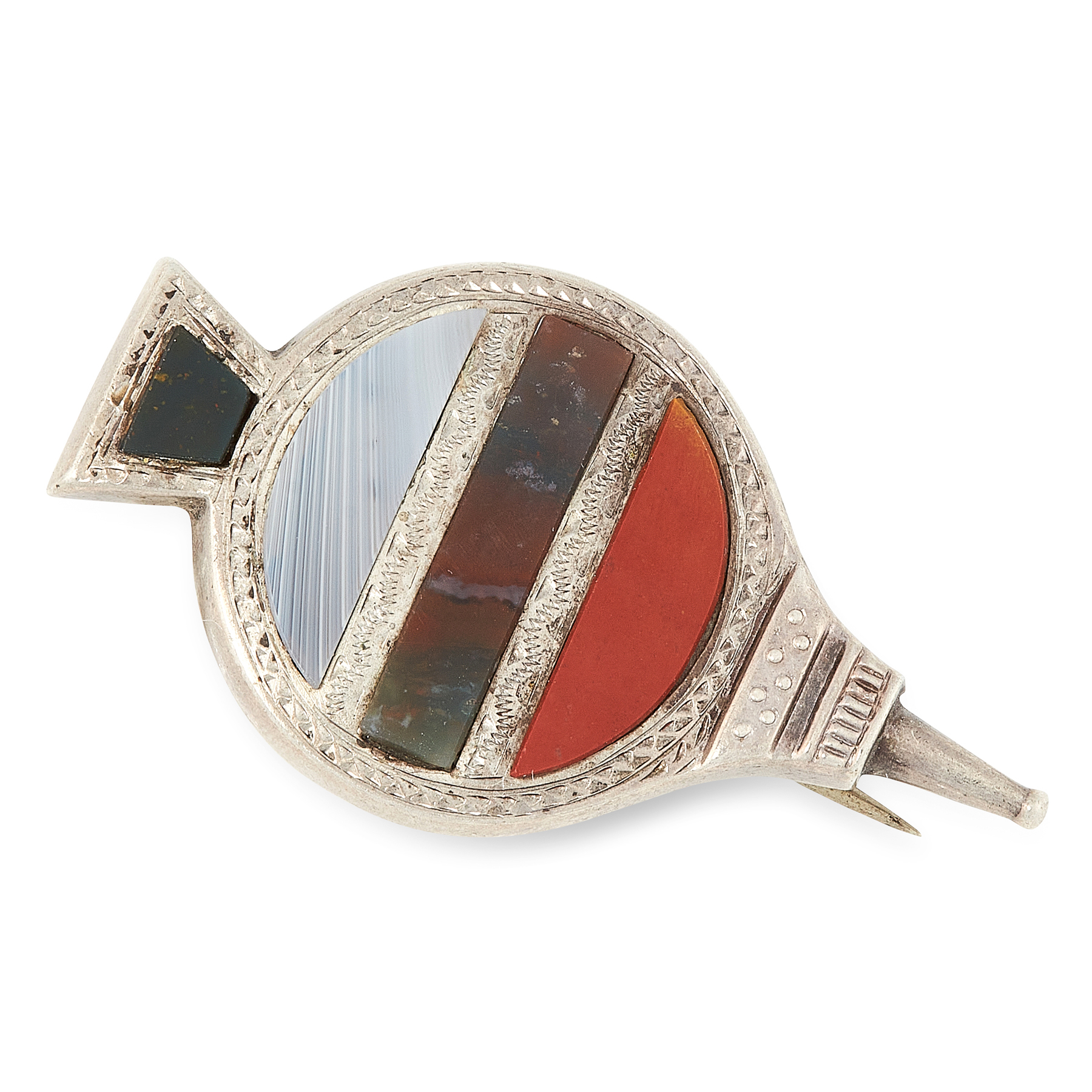 AN ANTIQUE SCOTTISH HARDSTONE BROOCH in silver, designed as a bellows, the body and handle inset
