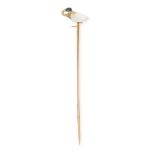 AN ANTIQUE PEARL AND ENAMEL DUCK TIE PIN in yellow gold, the stick pin designed with a duck at the