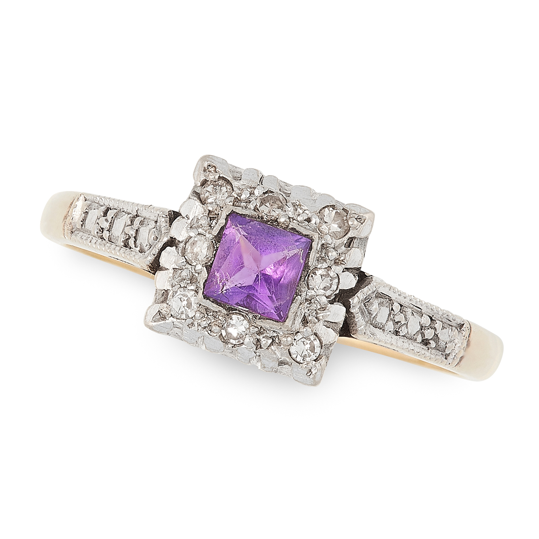 AN AMETHYST AND DIAMOND DRESS RING in 18ct gold, set with a square cut amethyst within a border of