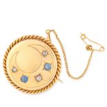 AN ANTIQUE SAPPHIRE AND DIAMOND CRESCENT BROOCH in 15ct yellow gold, of circular design with rope