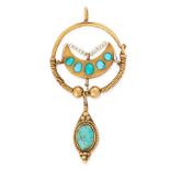 A TURQUOISE AND PEARL PENDANT in 18ct yellow gold, the crescent motif set with five turquoise