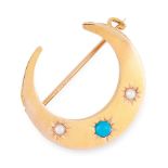AN ANTIQUE TURQUOISE AND PEARL CRESCENT BROOCH in 18ct yellow gold, designed as a crescent moon, set