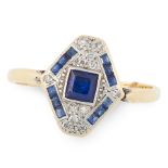 AN ART DECO SAPPHIRE AND DIAMOND RING in 18ct yellow gold and platinum, the hexagonal face set