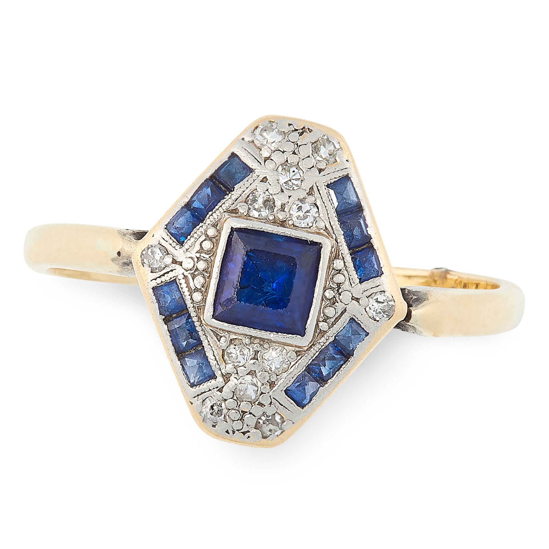 AN ART DECO SAPPHIRE AND DIAMOND RING in 18ct yellow gold and platinum, the hexagonal face set