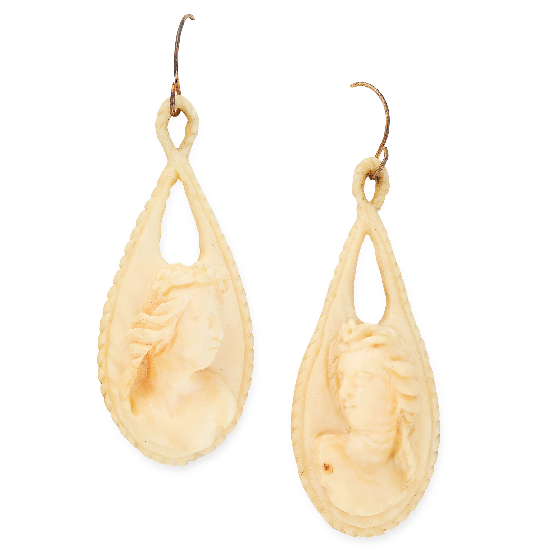 A PAIR OF ANTIQUE VICTORIAN IVORY CAMEO EARRINGS in yellow gold, each designed as a tapered piece of