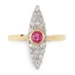 A RUBY AND DIAMOND DRESS RING in 18ct yellow gold, the marquise shaped face set with a cushion cut