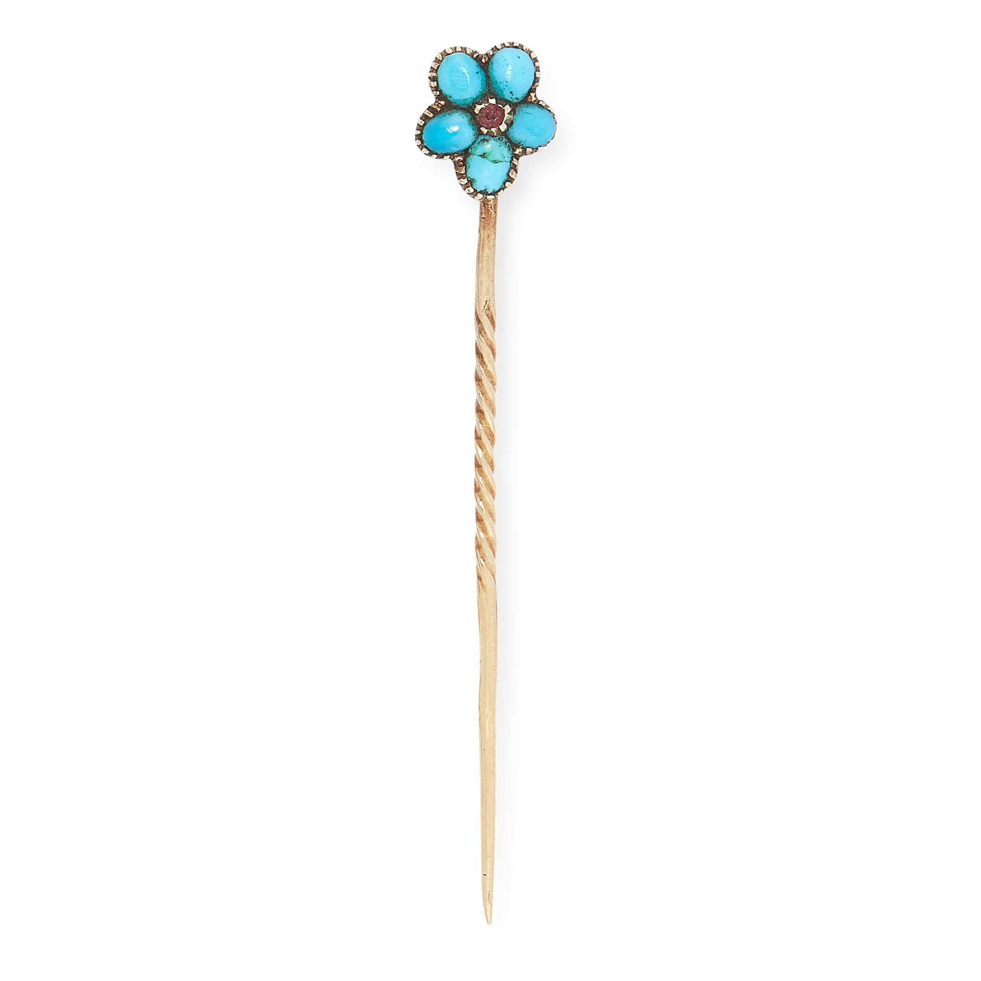 AN ANTIQUE TURQUOISE AND RUBY FORGET-ME-NOT TIE PIN in yellow gold, the stick pin set with a