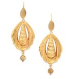 A PAIR OF ANTIQUE DROP EARRINGS in yellow gold, the articulated bodies of each formed of textured