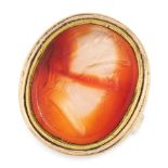 AN ANTIQUE CARNELIAN INTAGLIO RING set with an oval carved carnelian intaglio depicting the bust