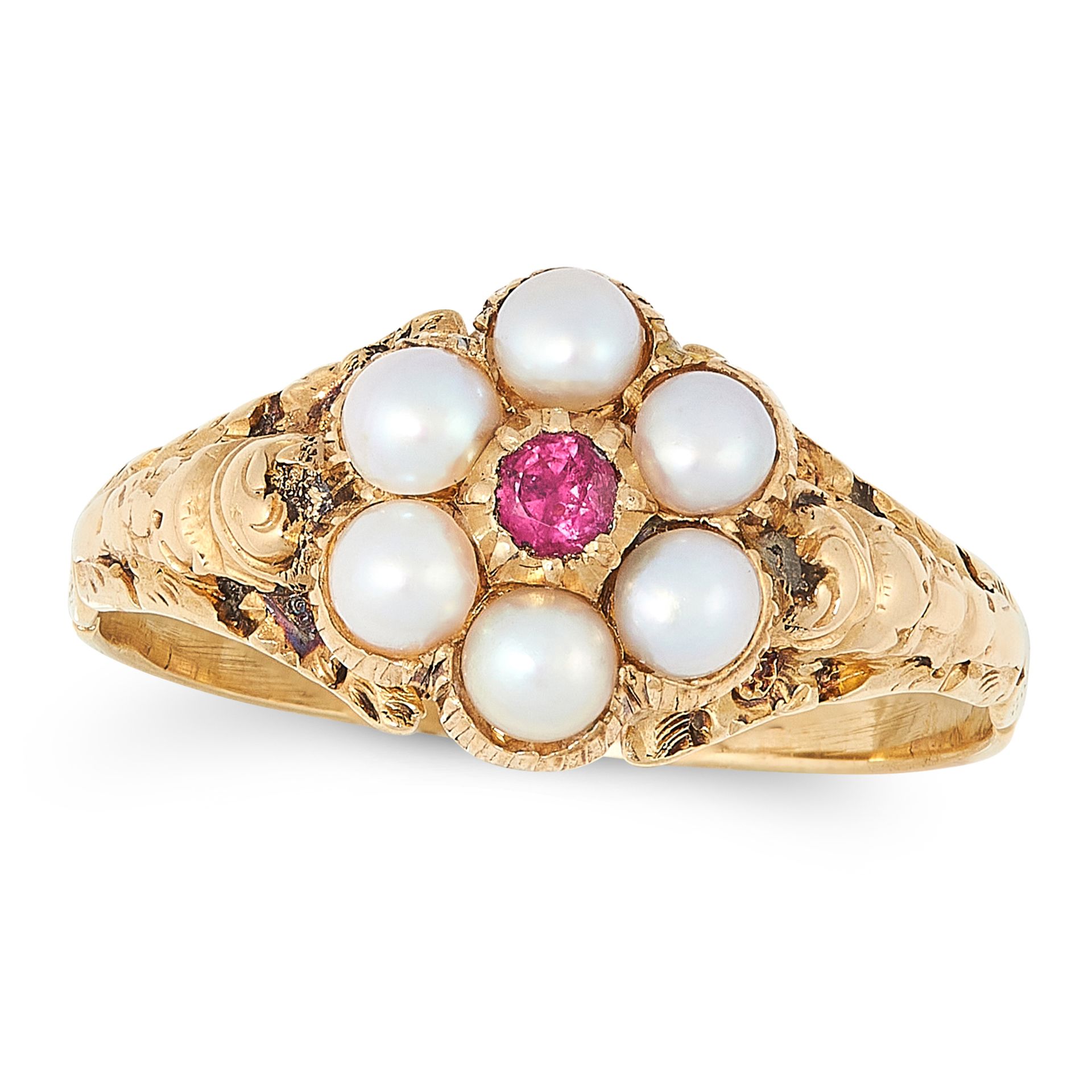 A RUBY, PEARL AND HAIRWORK MOURNING RING, 19TH CENTURY in 15ct yellow gold, set with a round cut