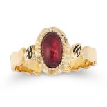 AN ANTIQUE GARNET AND ENAMEL DRESS RING in 18ct yellow gold, set with an oval cabochon garnet