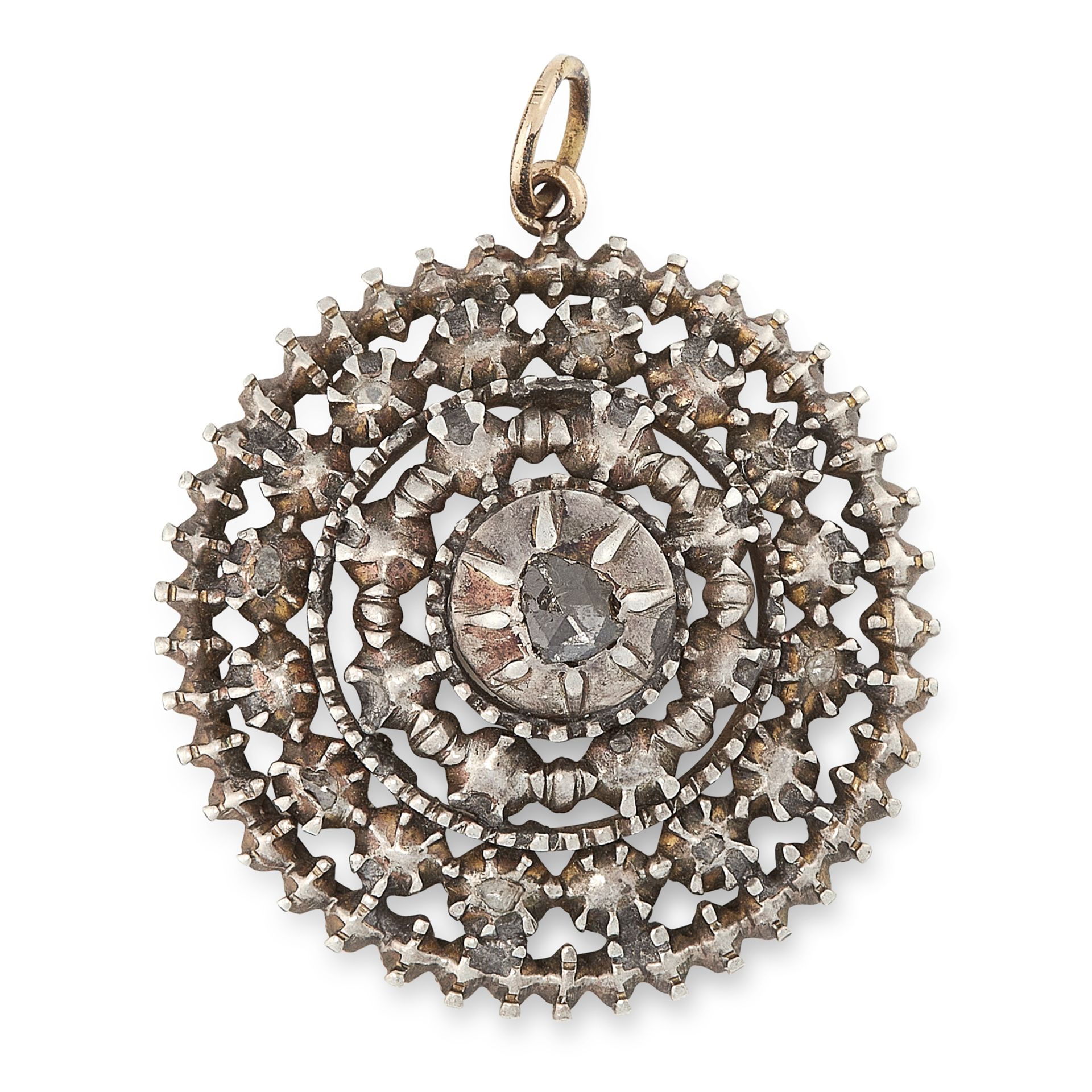 AN ANTIQUE DIAMOND PENDANT, 19TH CENTURY in sterling silver, the circular openwork body set with a