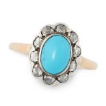 A TURQUOISE AND DIAMOND DRESS RING in 18ct yellow gold and platinum, set with an oval cabochon